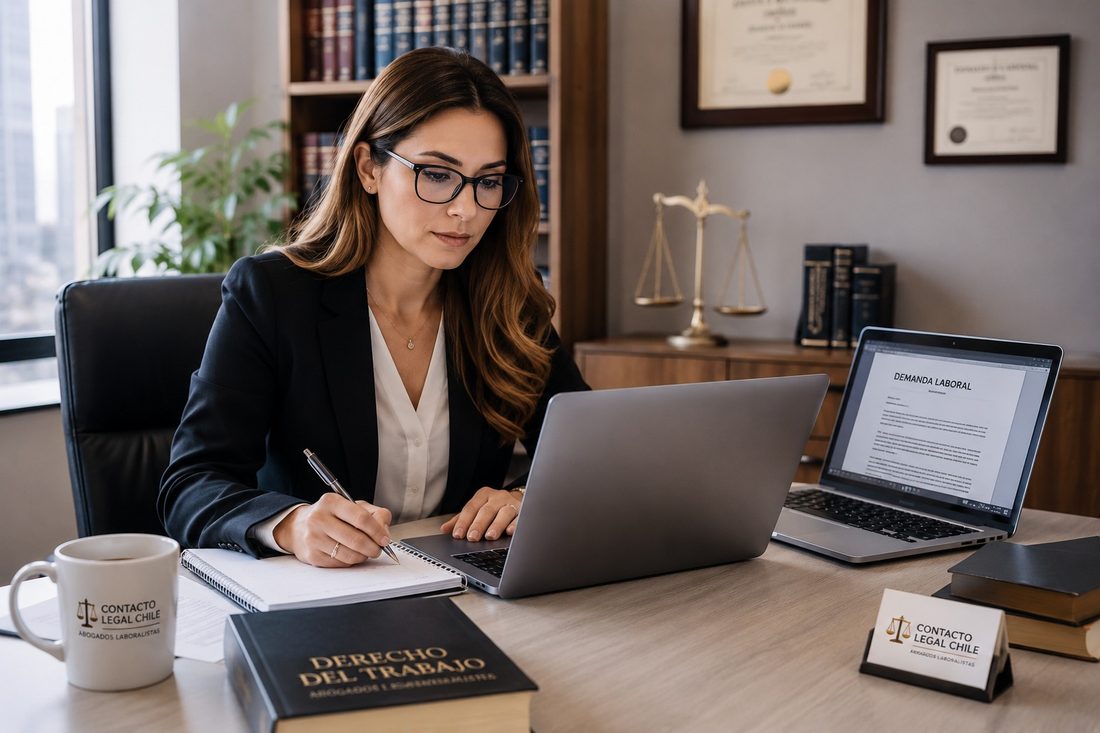 Abogada de Contacto Legal Chile revisando una demanda laboral en su oficina de Santiago